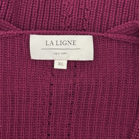 LA LIGNE NEW YORK Magenta V-Neck Cotton Sweater XL Oversized Pullover Rib Knit - Picture 5 of 7